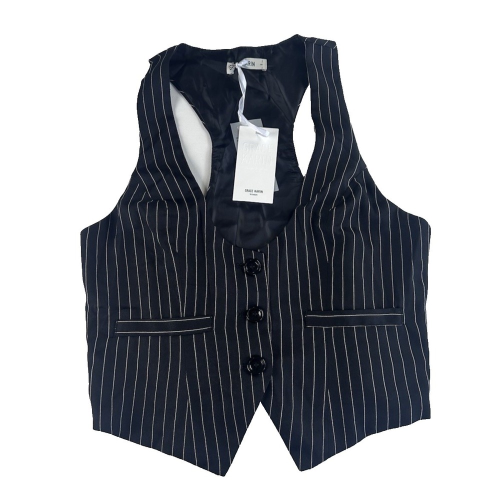 NWT Grace Karin Vest Y2K Utility Chic Pin Stripe Tux Size S